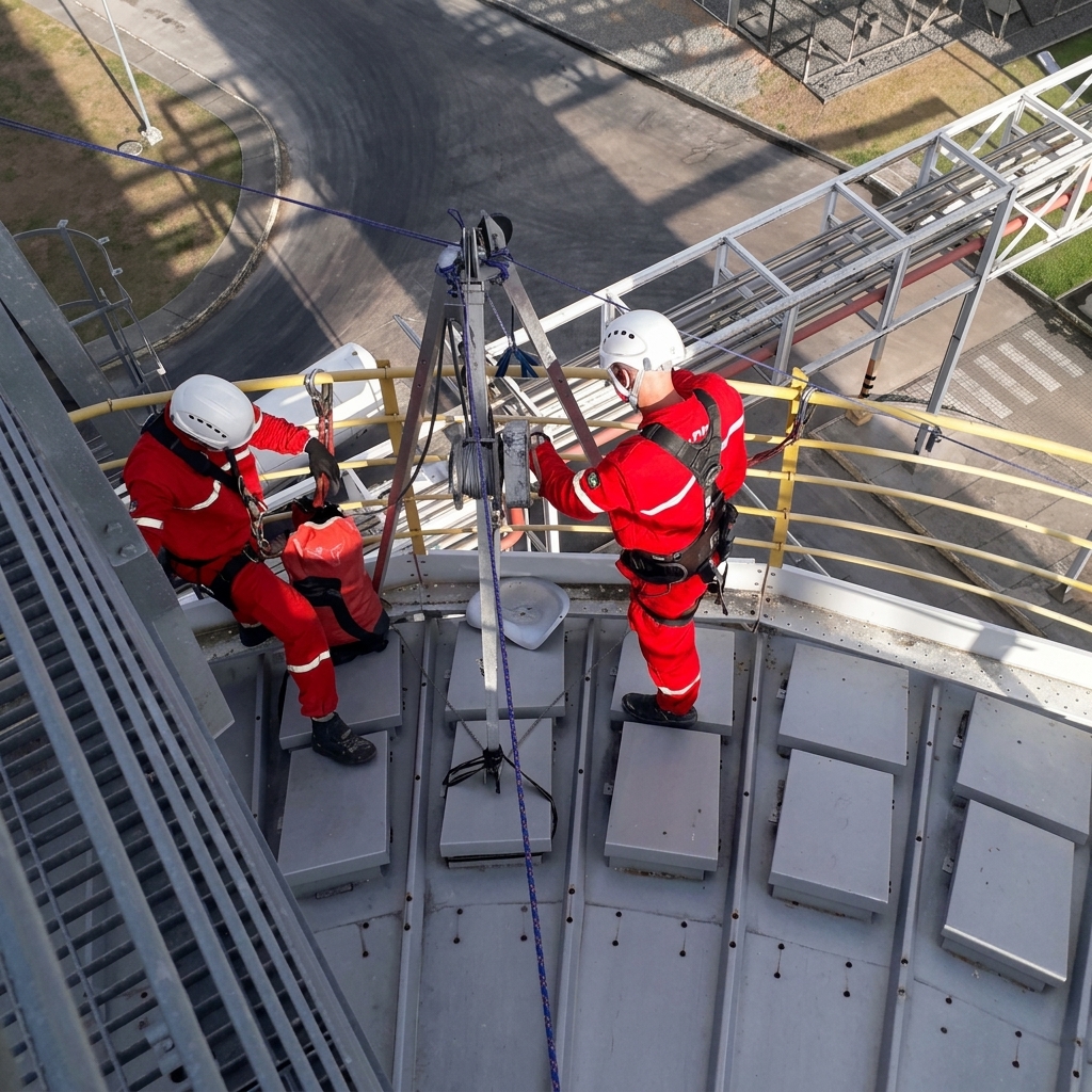 Dois técnicos de acesso por corda em macacão vermelho e capacete branco trabalhando em estrutura industrial elevada com equipamentos de segurança