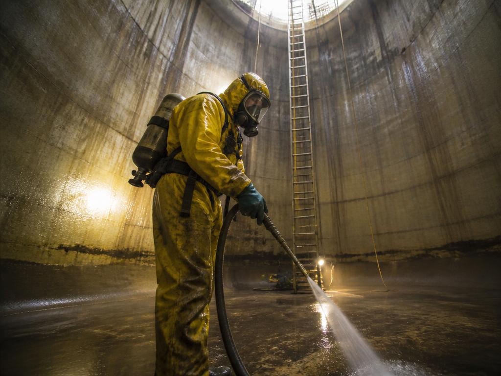 Trabalhador com equipamento de proteção respiratória em espaço confinado